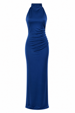 long dark bleu satin dress