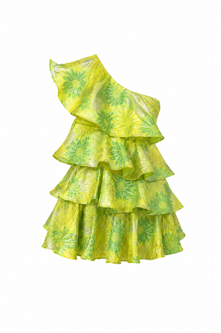 one shoulder green ruffle dress