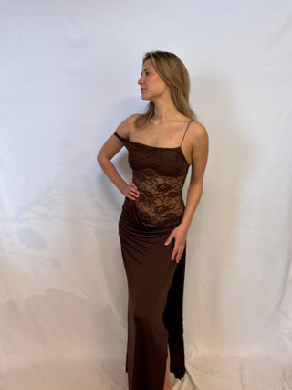 brown mesh maxi dress