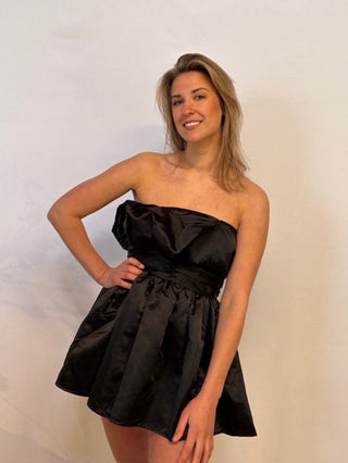 black mini poff dress
