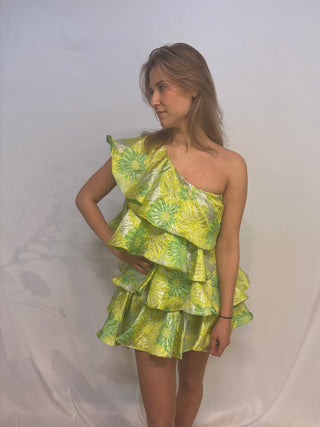 one shoulder green ruffle dress