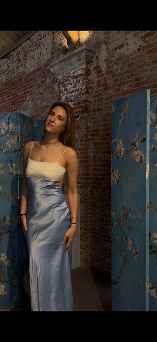 bleu satin dress
