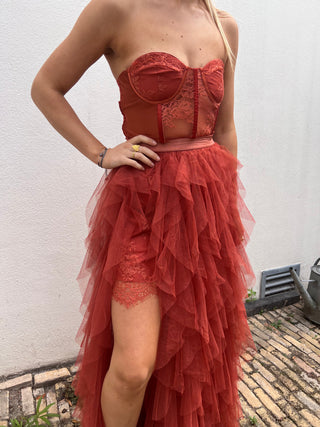 strapless orange dress